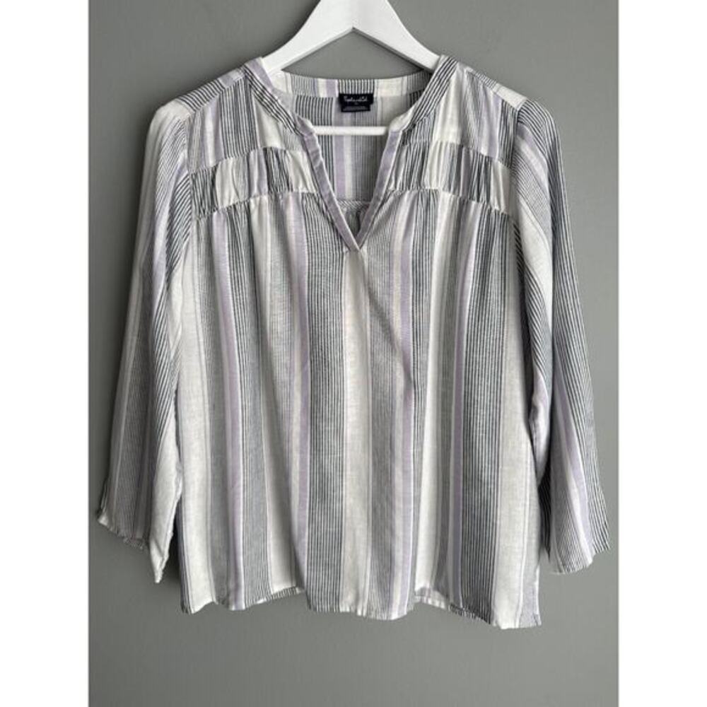 Splendid Striped Peasant Blouse Size M Rayon Linen V-Neck Boho Coastal Top